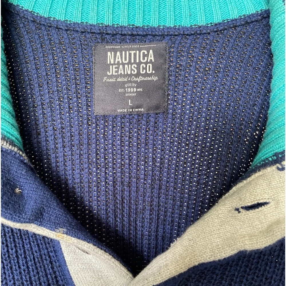 EUC, blue men’s size Large Nautica 100% cotton knit sweater, mock neck, pullover